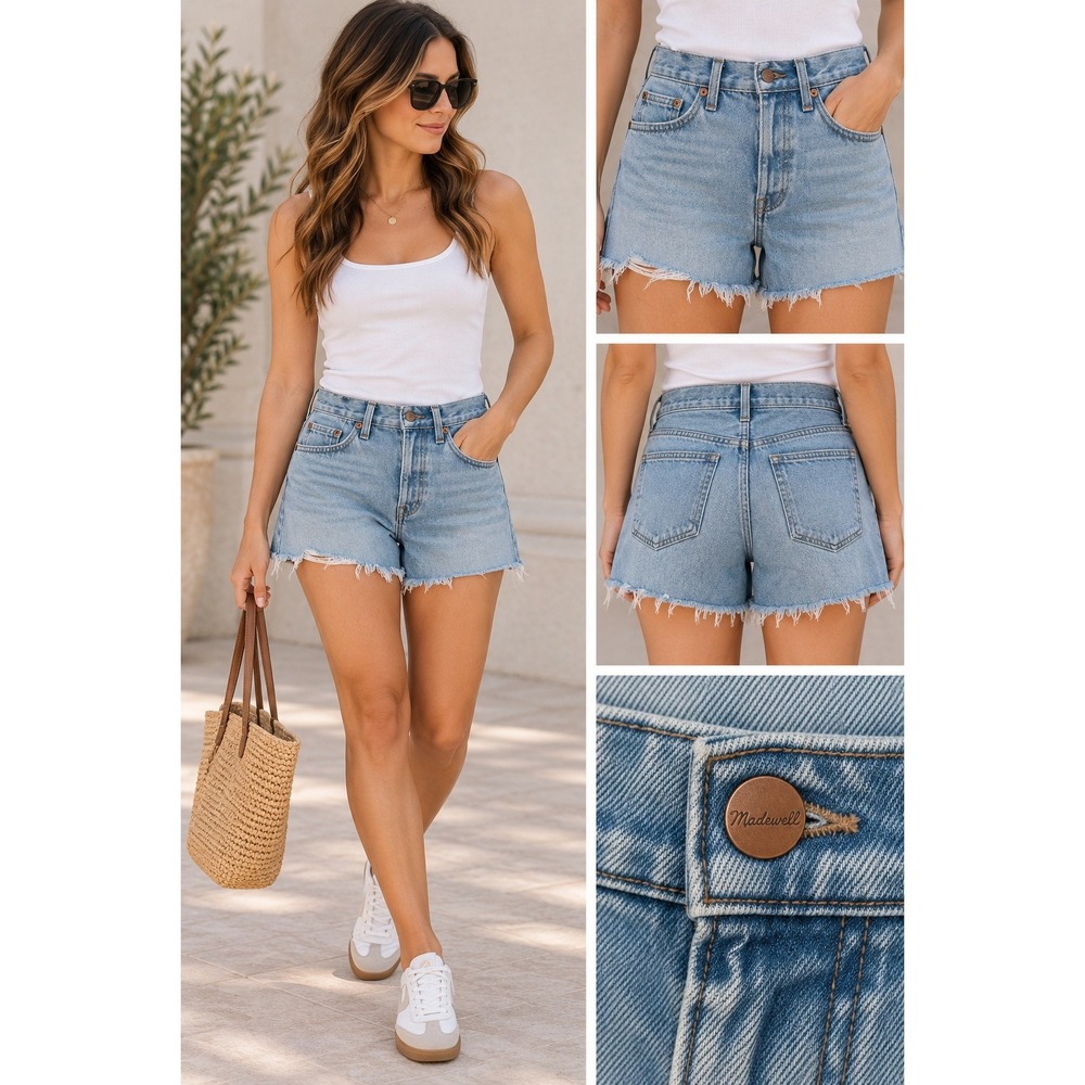 Madewell Womens 26 Relaxed Denim Shorts Light Wash High Rise Frayed Raw Hem